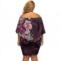 Poni Mama Hawai'i Hibiscus Off Shoulder Short Dress Polynesian Tribal Tattoo Pattern Floral Elements