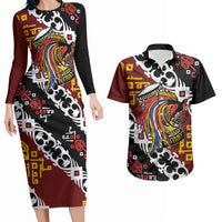Personalised Papua New Guinea Bird Drum Couples Matching Long Sleeve Bodycon Dress and Hawaiian Shirt Papuan Batik Motif LT9 Black - Polynesian Pride