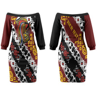 Personalised Papua New Guinea Bird Drum Couples Matching Off The Shoulder Long Sleeve Dress and Long Sleeve Button Shirt Papuan Batik Motif LT9 - Polynesian Pride