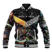 Personalised New Zealand and Australia Baseball Jacket Maori Mix Aboriginal Art Style LT9 Unisex Black - Polynesian Pride