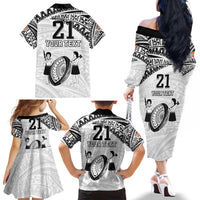 Custom Fiji Rugby Pacific Family Matching Off The Shoulder Long Sleeve Dress and Hawaiian Shirt Polynesian Palm Tattoo