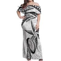 Custom Fiji Rugby Pacific Off Shoulder Maxi Dress Polynesian Palm Tattoo LT9 Women White - Polynesian Pride