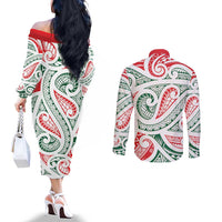 New Zealand Kowhaiwhai Christmas Couples Matching Off The Shoulder Long Sleeve Dress and Long Sleeve Button Shirt Traditional Maori Koru Pattern - Polynesian Pride