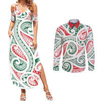 New Zealand Kowhaiwhai Christmas Couples Matching Summer Maxi Dress and Long Sleeve Button Shirt Traditional Maori Koru Pattern - Polynesian Pride