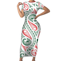New Zealand Kowhaiwhai Christmas Short Sleeve Bodycon Dress Traditional Maori Koru Pattern - Polynesian Pride