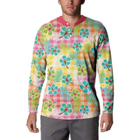 Hawaiian Palaka Button Sweatshirt Hibiscus Palm Leaf Pattern - Polynesian Pride