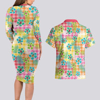 Hawaiian Palaka Couples Matching Long Sleeve Bodycon Dress and Hawaiian Shirt Hibiscus Palm Leaf Pattern - Polynesian Pride