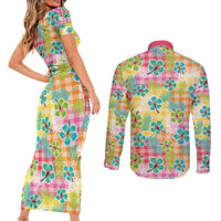 Hawaiian Palaka Couples Matching Short Sleeve Bodycon Dress and Long Sleeve Button Shirt Hibiscus Palm Leaf Pattern - Polynesian Pride
