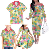 Hawaiian Palaka Family Matching Off The Shoulder Long Sleeve Dress and Hawaiian Shirt Hibiscus Palm Leaf Pattern - Polynesian Pride