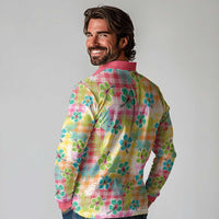 Hawaiian Palaka Long Sleeve Polo Shirt Hibiscus Palm Leaf Pattern - Polynesian Pride