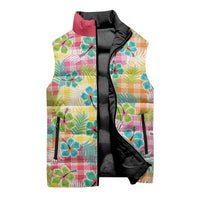 Hawaiian Palaka Sleeveless Puffer Jacket Hibiscus Palm Leaf Pattern - Polynesian Pride
