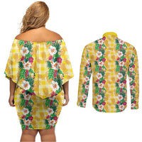 Hawaiian Palaka Couples Matching Off Shoulder Short Dress and Long Sleeve Button Shirt Hibiscus Pineapple Lei - Polynesian Pride