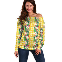 Hawaiian Palaka Off Shoulder Sweater Hibiscus Pineapple Lei - Polynesian Pride