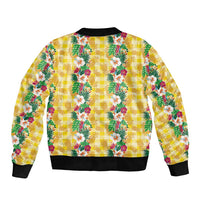 Hawaiian Palaka Sleeve Zip Bomber Jacket Hibiscus Pineapple Lei - Polynesian Pride