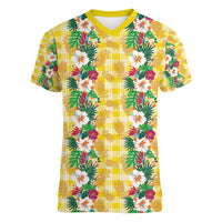 Hawaiian Palaka Women V-Neck T-Shirt Hibiscus Pineapple Lei - Polynesian Pride