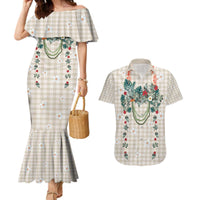 Brown Hawaiian Palaka Couples Matching Mermaid Dress and Hawaiian Shirt Kukui Nut Money Lei - Polynesian Pride