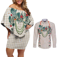 Brown Hawaiian Palaka Couples Matching Off Shoulder Short Dress and Long Sleeve Button Shirt Kukui Nut Money Lei - Polynesian Pride