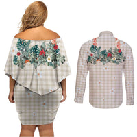 Brown Hawaiian Palaka Couples Matching Off Shoulder Short Dress and Long Sleeve Button Shirt Kukui Nut Money Lei - Polynesian Pride