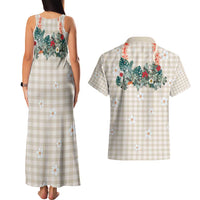 Brown Hawaiian Palaka Couples Matching Tank Maxi Dress and Hawaiian Shirt Kukui Nut Money Lei - Polynesian Pride