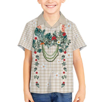 Brown Hawaiian Palaka Family Matching Off The Shoulder Long Sleeve Dress and Hawaiian Shirt Kukui Nut Money Lei - Polynesian Pride