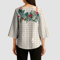 Brown Hawaiian Palaka Kimono Sleeve Blouse Kukui Nut Money Lei - Polynesian Pride