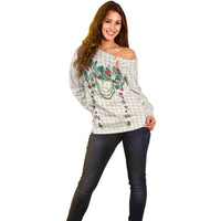 Brown Hawaiian Palaka Off Shoulder Sweater Kukui Nut Money Lei - Polynesian Pride