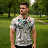 Brown Hawaiian Palaka Zipper Polo Shirt Kukui Nut Money Lei - Polynesian Pride