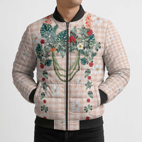 Peach Hawaiian Palaka Bomber Puffer Jacket Kukui Nut Money Lei LT9 - Polynesian Pride