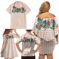 Peach Hawaiian Palaka Family Matching Off Shoulder Short Dress and Hawaiian Shirt Kukui Nut Money Lei - Polynesian Pride
