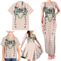 Peach Hawaiian Palaka Family Matching Tank Maxi Dress and Hawaiian Shirt Kukui Nut Money Lei - Polynesian Pride