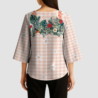 Peach Hawaiian Palaka Kimono Sleeve Blouse Kukui Nut Money Lei - Polynesian Pride