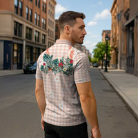 Peach Hawaiian Palaka Zipper Polo Shirt Kukui Nut Money Lei - Polynesian Pride