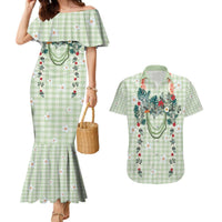 Sage Green Hawaiian Palaka Couples Matching Mermaid Dress and Hawaiian Shirt Kukui Nut Money Lei - Polynesian Pride