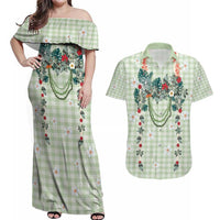 Sage Green Hawaiian Palaka Couples Matching Off Shoulder Maxi Dress and Hawaiian Shirt Kukui Nut Money Lei - Polynesian Pride