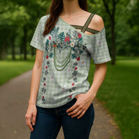 Sage Green Hawaiian Palaka Cross Shoulder Shirt Kukui Nut Money Lei LT9 - Polynesian Pride