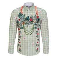 Sage Green Hawaiian Palaka Family Matching Mermaid Dress and Hawaiian Shirt Kukui Nut Money Lei LT9 Dad's Shirt - Long Sleeve Green - Polynesian Pride