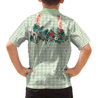 Sage Green Hawaiian Palaka Family Matching Off The Shoulder Long Sleeve Dress and Hawaiian Shirt Kukui Nut Money Lei - Polynesian Pride