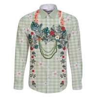 Sage Green Hawaiian Palaka Family Matching Off The Shoulder Long Sleeve Dress and Hawaiian Shirt Kukui Nut Money Lei - Polynesian Pride