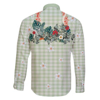 Sage Green Hawaiian Palaka Family Matching Off The Shoulder Long Sleeve Dress and Hawaiian Shirt Kukui Nut Money Lei - Polynesian Pride