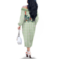 Sage Green Hawaiian Palaka Family Matching Off The Shoulder Long Sleeve Dress and Hawaiian Shirt Kukui Nut Money Lei - Polynesian Pride