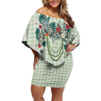 Sage Green Hawaiian Palaka Family Matching Off Shoulder Short Dress and Hawaiian Shirt Kukui Nut Money Lei - Polynesian Pride