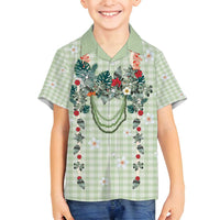 Sage Green Hawaiian Palaka Family Matching Off Shoulder Short Dress and Hawaiian Shirt Kukui Nut Money Lei - Polynesian Pride