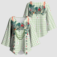Sage Green Hawaiian Palaka Kimono Sleeve Blouse Kukui Nut Money Lei LT9 - Polynesian Pride