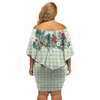 Sage Green Hawaiian Palaka Off Shoulder Short Dress Kukui Nut Money Lei - Polynesian Pride
