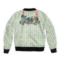 Sage Green Hawaiian Palaka Sleeve Zip Bomber Jacket Kukui Nut Money Lei - Polynesian Pride