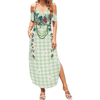 Sage Green Hawaiian Palaka Summer Maxi Dress Kukui Nut Money Lei - Polynesian Pride