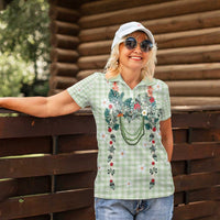 Sage Green Hawaiian Palaka Women Polo Shirt Kukui Nut Money Lei - Polynesian Pride