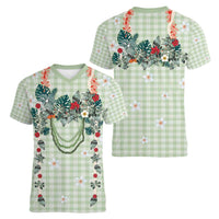 Sage Green Hawaiian Palaka Women V-Neck T-Shirt Kukui Nut Money Lei - Polynesian Pride