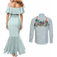 Turquoise Hawaiian Palaka Couples Matching Mermaid Dress and Long Sleeve Button Shirt Kukui Nut Money Lei - Polynesian Pride