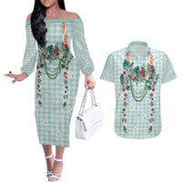 Turquoise Hawaiian Palaka Couples Matching Off The Shoulder Long Sleeve Dress and Hawaiian Shirt Kukui Nut Money Lei - Polynesian Pride